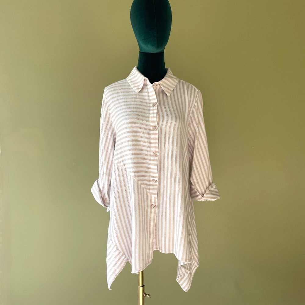 Soft Surroundings Lagenlook Stripe Button Tunic Top PL Artsy Costal Asymmetric